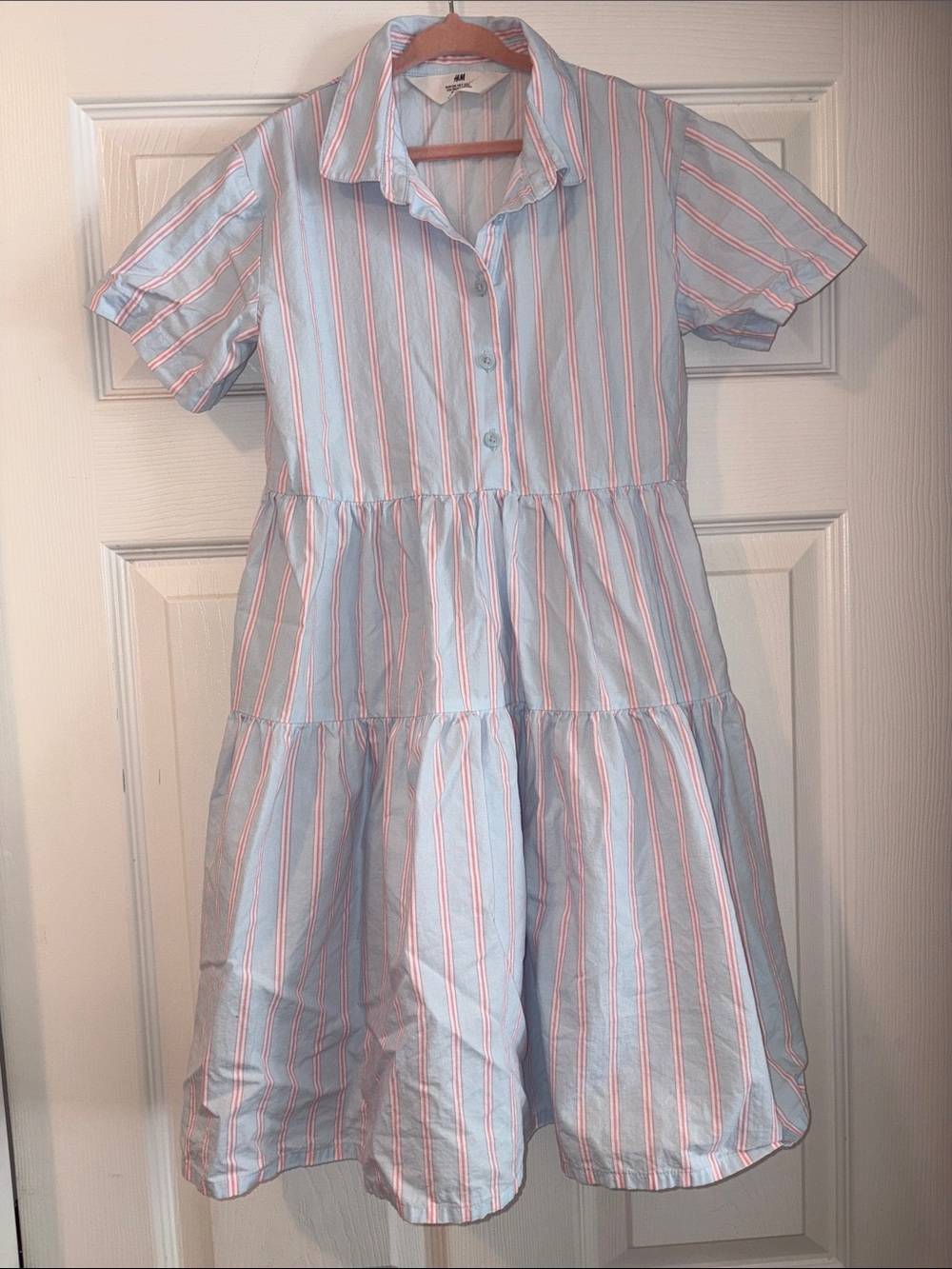 H&M Light Blue & Pink Striped Tiered Shirt Dress